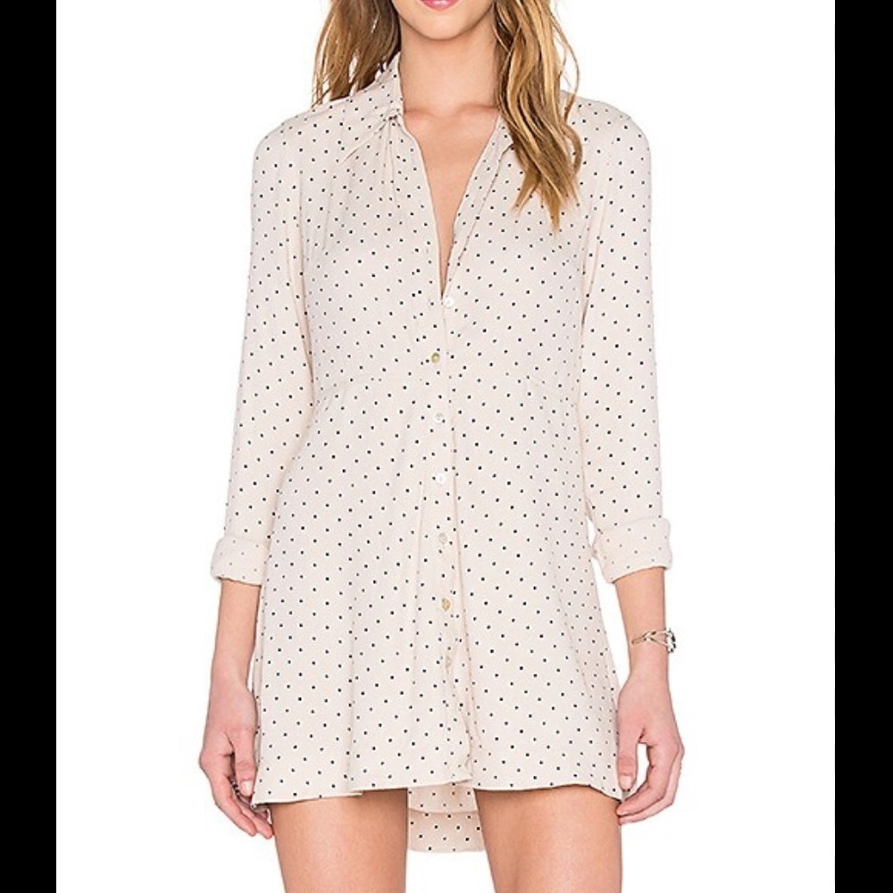 Free People This Town Polka Dot Mini Button Up Shirt Dress XS Cream Combo